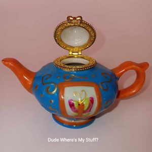 BUTTERFLY TRINKET PORCELAIN HINGED MINI TEAPOT - ABOUT 3" TALL - BLUE & BRICK